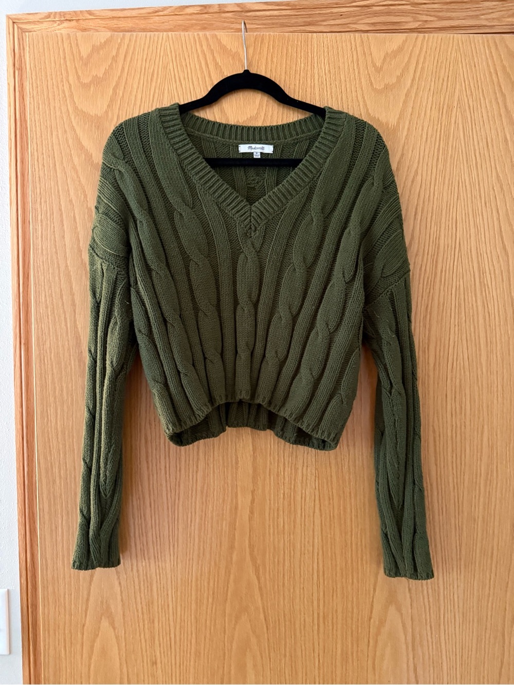 Madewell Olive Green Cable Knit V-Neck Sweater